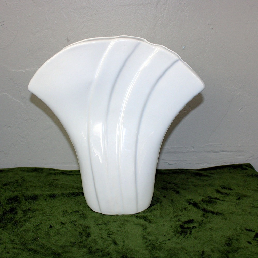 Vintage 80's Large White Fan Vase Ceramic 11.25" Tall Post Modern Art Deco